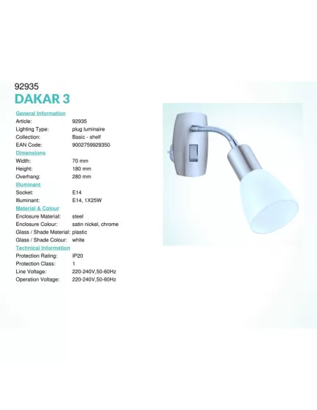 Eglo 92935 Dakar 3 enchufe flex 1L